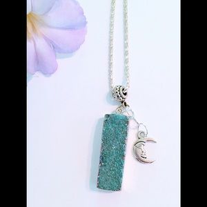 Aqua Druzy Quartz Pendant Necklace moon charm